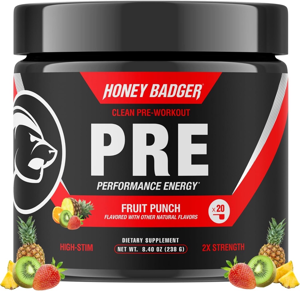 Honey Badger Pre Workout Powder, Keto Vegan Preworkout for Men &amp; Women, Beta Alanine &amp; Caffeine, Sugar Free Natural Energy Supplement, Fruit Punch (High-Stim)