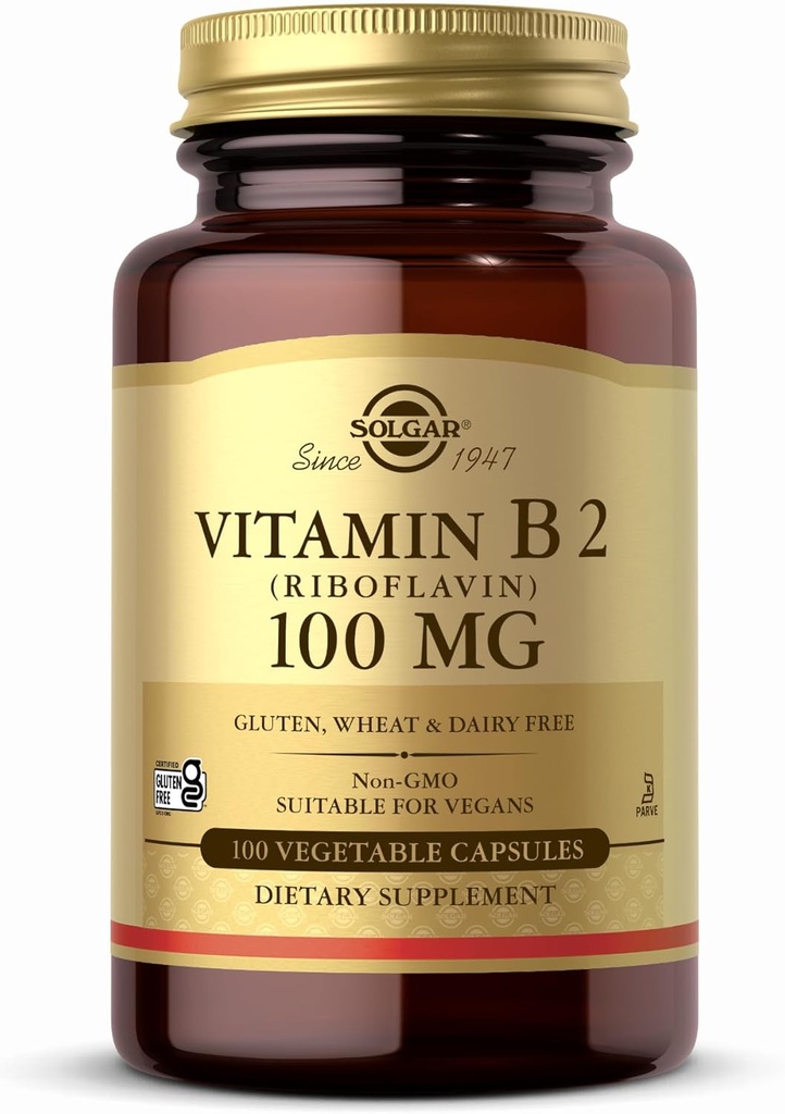Solgar Vitamina B2 (Riboflavin) 100mg - 100 cápsulas vegetales - No GMO, Vegan, Gluten Gratis, Dairy Free, Kosher - 100 piezas