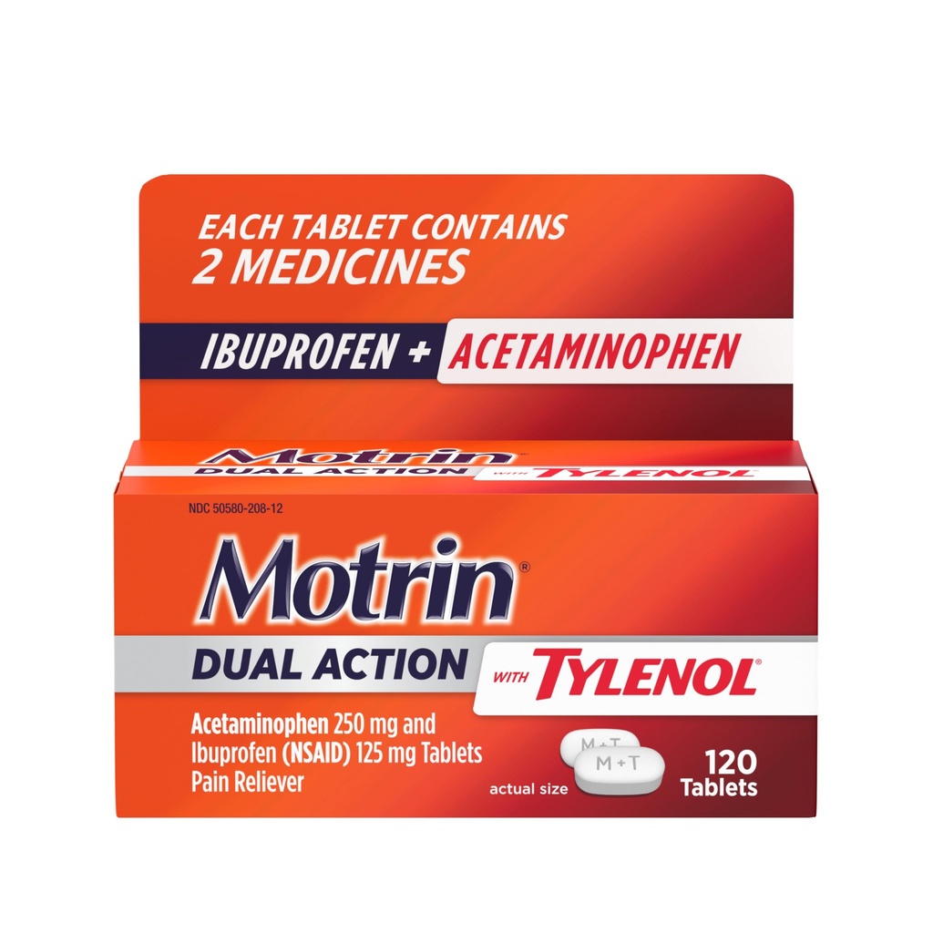 Motrin Dual Action with Tylenol, Ibuprofen & Acetaminophen Fast-Acting, Long Lasting Pain Reliever for Minor Aches & Pains, Ibuprofen (NSAID) 125 mg & Acetaminophen 250 mg, 120 ct