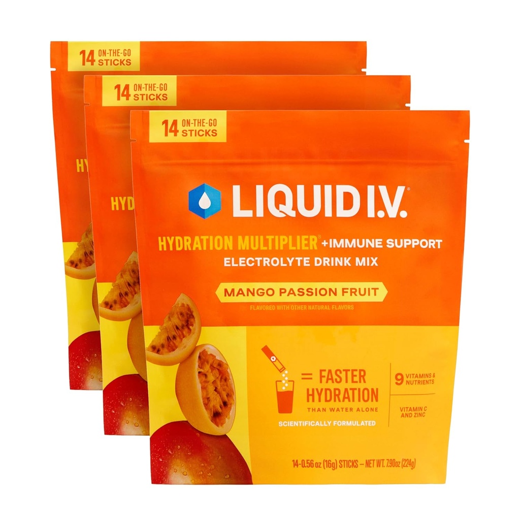 Liquid I.V.® Hydration Multiplier + Apoyo Inmune - Mango Passionfruit ¦ Electrolyte Powder Drink Mix Silencioso 3 Pack (42 Servings)