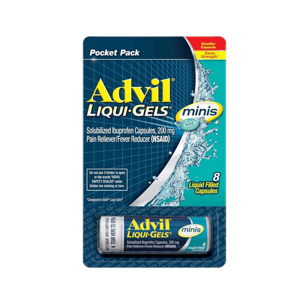 Advil Liqui-Gels minis Doin Reliever and Fever Reducer, Doin Medicine for Adults with Ibuprofen 200mg for Pain Relief - 8 Liquid Filled Capsules