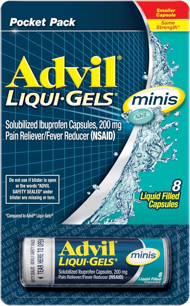 Advil Liqui-Gels minis Doin Reliever and Fever Reducer, Doin Medicine for Adults with Ibuprofen 200mg for Pain Relief - 8 Liquid Filled Capsules