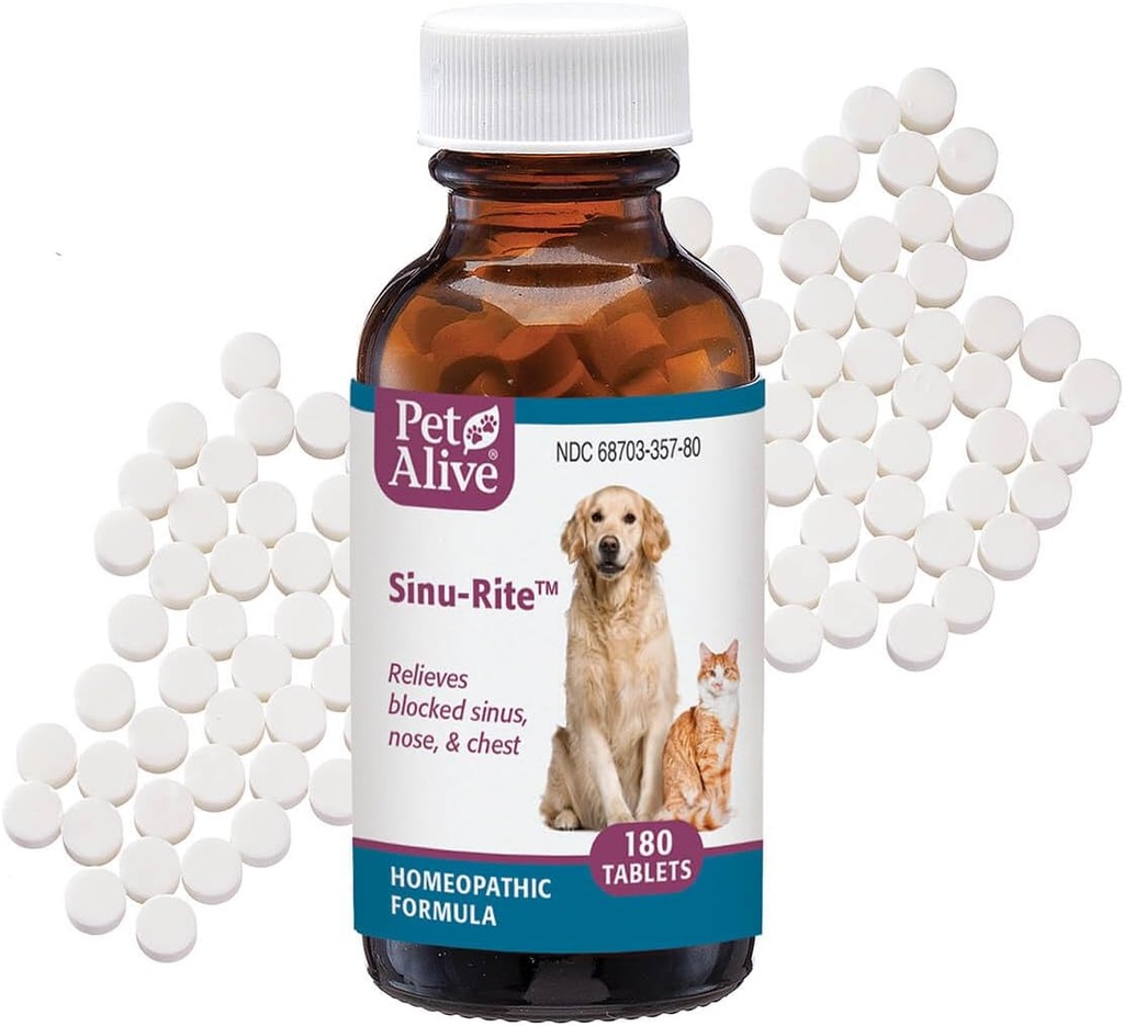 PetAlive Sinu-Rite Cat and Dog Nasal Congestion Relief - Homeopathic Tablets - Supports Temporary Relief from Sinus Congestion, Runny Nose, Facial Pressure - Dog and Cat Sneezing Treatment - 180 Count