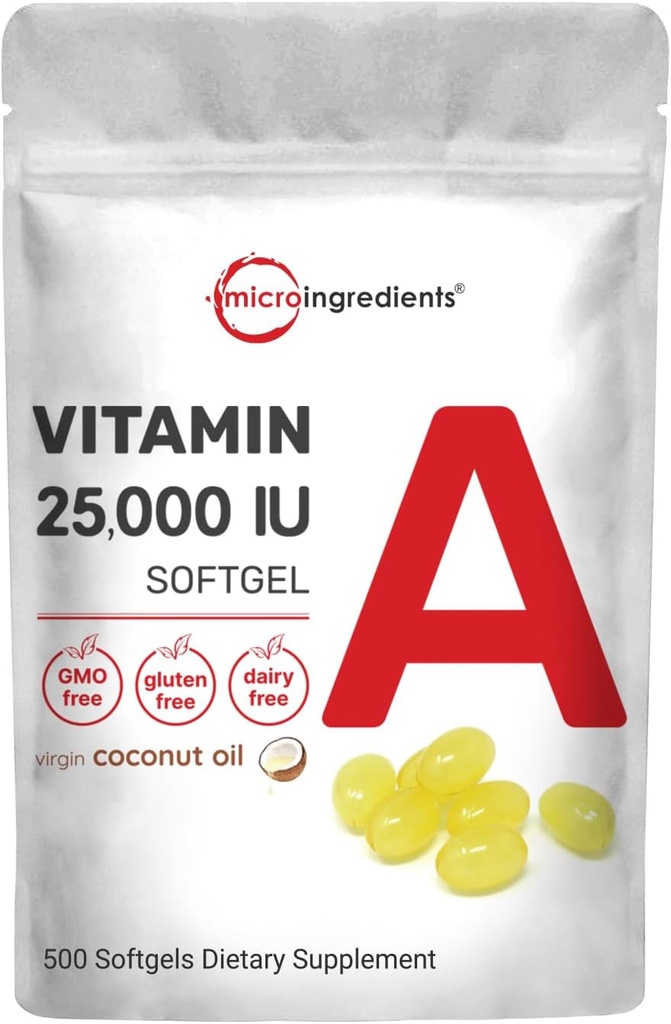 Micro Ingredientes Maximum Strength Vitamin A 25000 IU ← 500 Softgels with Coconut Oil for Better Absorption ← Vitaminas Esenciales para la Visión, el Crecimiento, " Reproducción  durable Non-GMO, Easy to Swallow