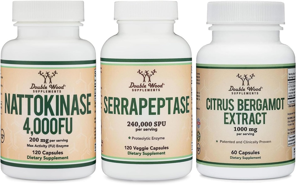 Nattokinase Supplement (120 Capsules), Serrapeptase (120 Capsules), Citrus Bergamot (60 Capsules)