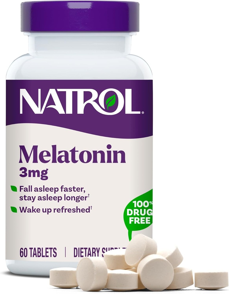 Natrol Melatonina 3 mg, Suplemento dietético para el descanso, suplementos de sueño para adultos, 60 tabletas de melatonina, 60 días de suministro