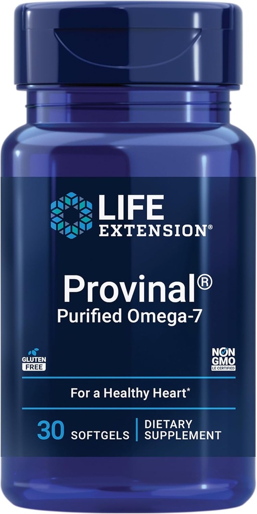 Extensión de vida Provinal Purified Omega-7, ácido palmitoléico derivado de aceite marino altamente concentrado, colesterol, triglicéridos " Heart Health Support, Gluten-Free, Non-GMO, 30 softgels