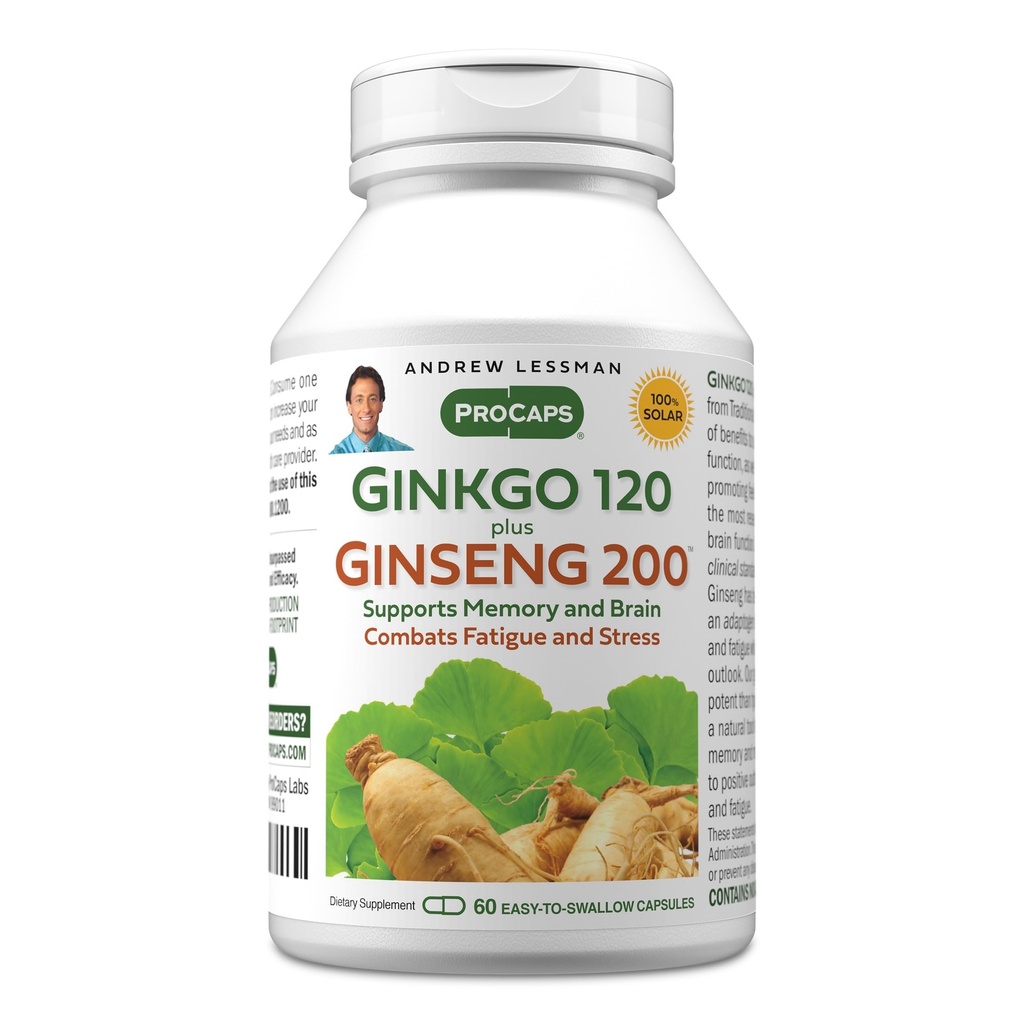 ANDREW LESSMAN Ginkgo 120 Plus Ginseng 200mg - 60 Capsules - Standardized Extract Blend to Support Brain, Memory and Cognitive Function. Adaptogen, Combats Stress and Fatigue. No Additives