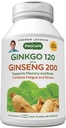 ANDREW LESSMAN Ginkgo 120 Plus Ginseng 200mg - 60 Capsules - Standardized Extract Blend to Support Brain, Memory and Cognitive Function. Adaptógeno, Combate Estrés y Fatiga. No hay aditivos