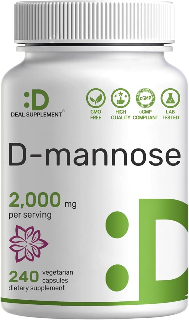DEAL SUPPLEMENT D Mannose 500mg Capsules (2.000mg Por Serving), 240 píldoras vegetarianas – Forma rápida y efectiva del agua – Extra Strength Urinary Tract (UTI) Health Support – Non-GMO, Vegan Friendly