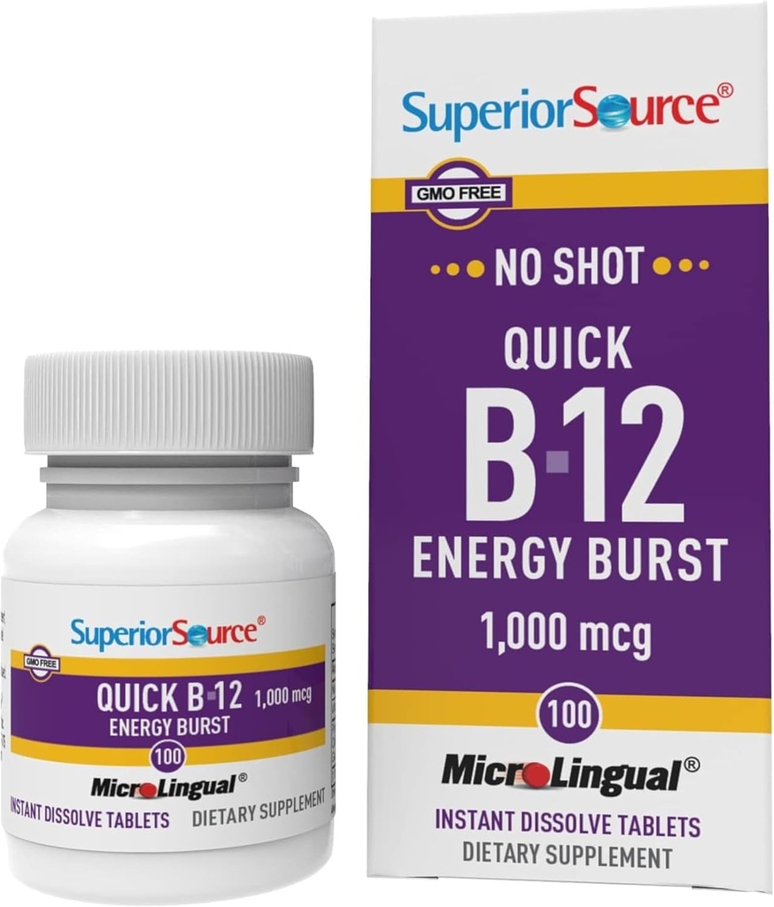 Fuente superior NO Shot Quick Energy Burst B-12 1000 mcg - Premium Nervous System Support Suplemento - No Gluten-Free - 100 MicroLingual Instant Dissolve Tablets