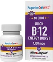 Fuente superior NO Shot Quick Energy Burst B-12 1000 mcg - Premium Nervous System Support Suplemento - No Gluten-Free - 100 MicroLingual Instant Dissolve Tablets