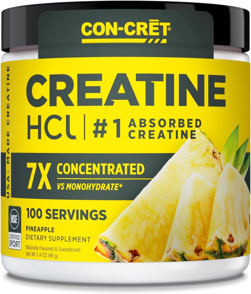 CON-CRET Creatine HCl Powder | Muscle, Cognitive, Cellular Energy Support | No Bloating or Cramps | USA Made & NSF Certified | Pineapple (100 Serving)