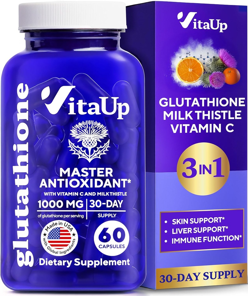 Reducido Glutathione Suplemento 1000mg - USA Hecho Glutathione Capsules con Vitamina C &amp; Milk Thistle for Liver Care, Skin Support & Immune Well-Being - 60 Cuenta