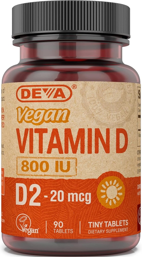 DEVA Vitamina Vegana D2 800 UI, Suplemento Ergocalciferol sin ingredientes animales, 90 Tabletas, 1-Pack