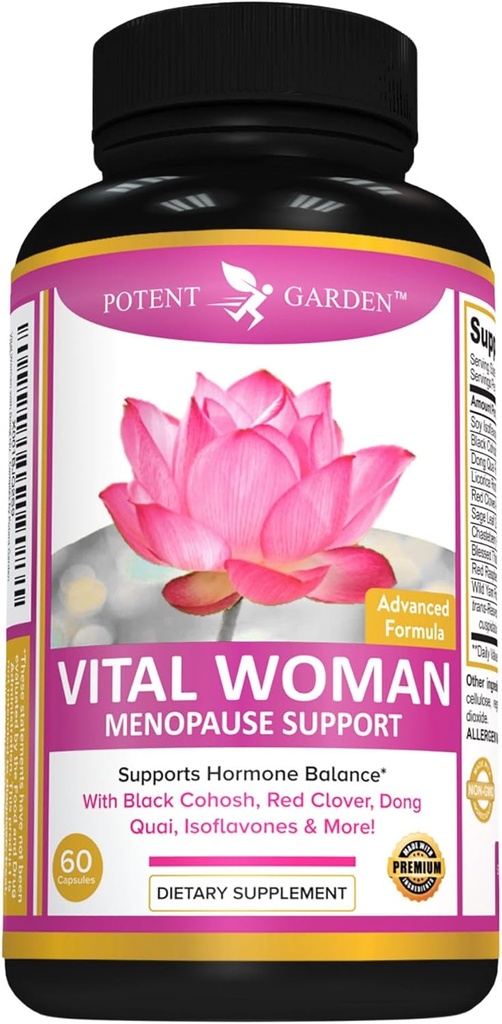 Potent Garden Menopause Relief Supplement with Black Cohosh, Soy Isoflavones, and Don Quai, Hot Flash Relief & Night Sweats Relief for Women, Non-GMO, 60 Capsules, 30 Servimientos
