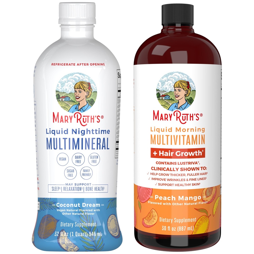 MaryRuth's Nighttime Multimineral (Coconut, 32oz) & Multivitamin Liquid + Crecimiento del cabello (Peach Mango, 30oz) ← Clean Label Project Verified® ← Bedtime Routine & Beauty ¦ Sugar-Free, Vegan, Gluten-Free