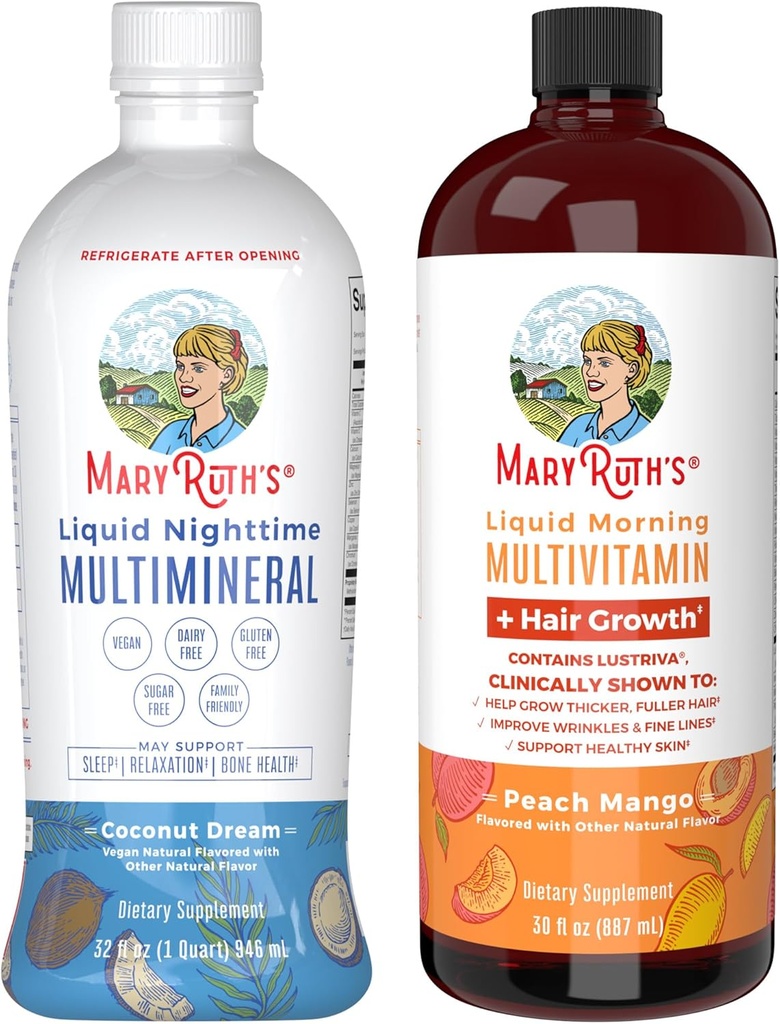 MaryRuth's Nighttime Multimineral (Coconut, 32oz) & Multivitamin Liquid + Crecimiento del cabello (Peach Mango, 30oz) ← Clean Label Project Verified® ← Bedtime Routine & Beauty ¦ Sugar-Free, Vegan, Gluten-Free