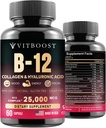 B12 con ácido hialurónico, colágeno y folato – 25000 mcg Complejo B12 ← Maximizar Absorción " Energética ANTE Gluten Free USA Made, B1, B2, B3, B6, B7, B12 Vitaminas 5000 mcg Methylcobalamin - 60 cápsulas