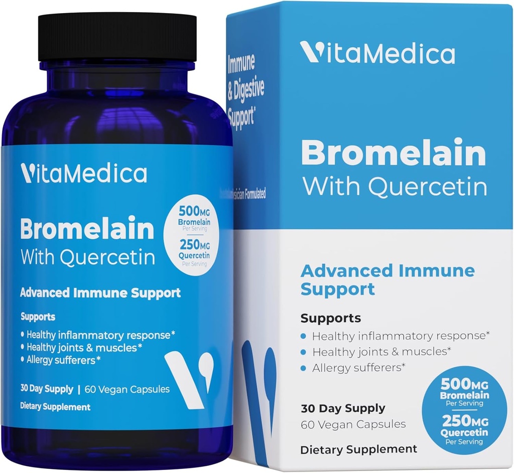 VitaMedica Bromelain " Quercetin Supplement - 500mg Bromelain 250mg Quercetin - 2400 GDU para la inmunidad, soporte conjunto, inflamación y recuperación muscular - 60 cápsulas Vegan - 30 servicios
