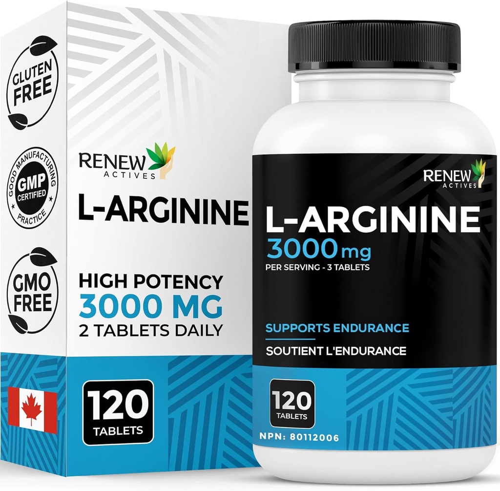 Renew Actives L-Arginine Supplement 1000MG for Serving - Strength & Endurance, Essential for Protein Synthesis &amp; Muscle Function, Physical Performance Booster - Made in Canada - 120 Tablets