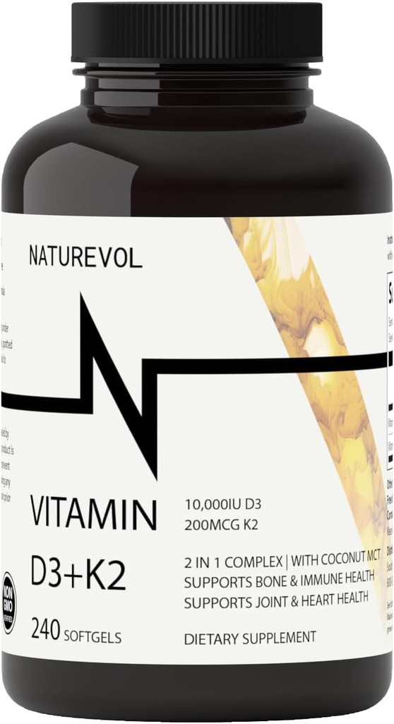 Vitamina D3 + K2 w/Virgin Coconut MCT Oil - D3 10000 IU & K2 (MK-7) 200 mcg Silencioso 2-en-1 Hueso, Inmune &amp; Heart Support Silencio fácil de absorber, no GMO, gluten &amp; Soy Gratis - Mini Softgels (240 Servings)