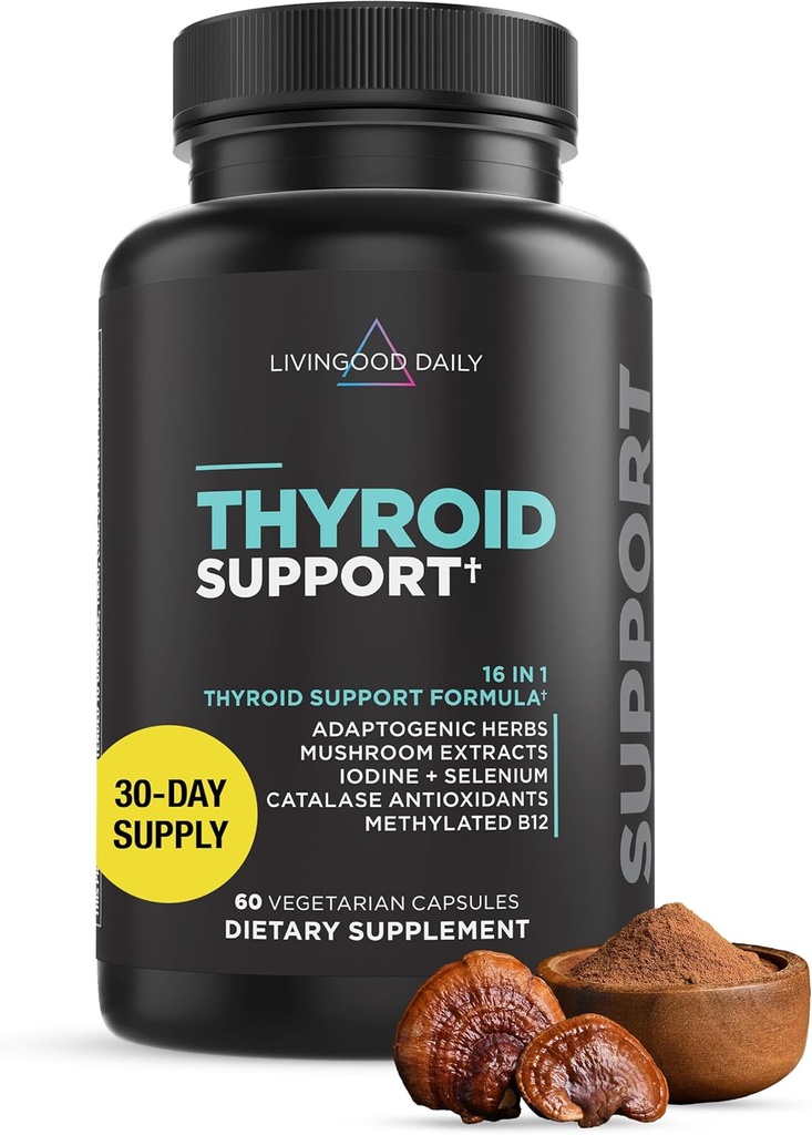 Livingood Daily Thyroid Support Supplement, 16-in-1 Wellness Blend with Adaptogenic Herbs, Iodine, Magnesium and Selenium, Thyroid Support for Women ' Men, Vegetarian Capsules, Gluten Free, 60 Count