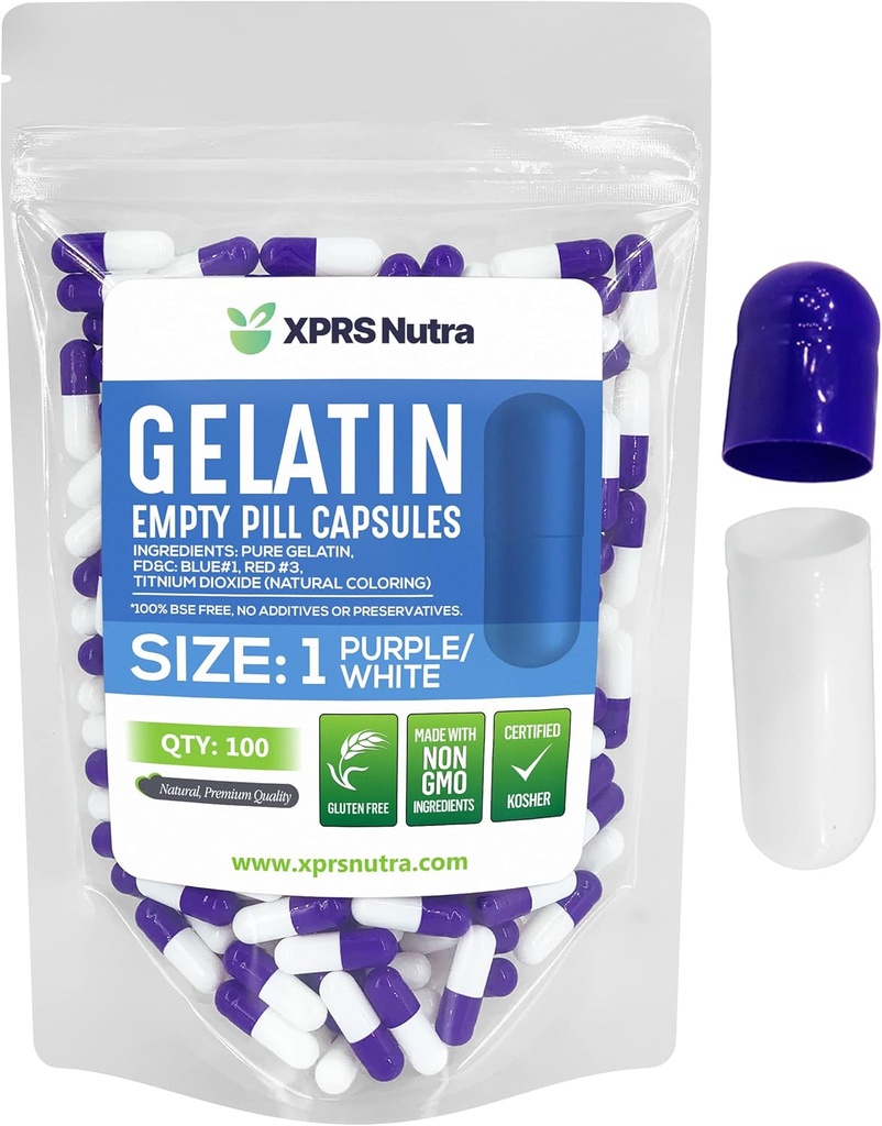 XPRS Nutra Size 1 Empty Capsules - 100 Conde Empty Gelatin Capsules - Pill DIY Capsule Filling - Pure Bovine Pill Gel Caps for Do-It-youself Supplements (Purple/White)