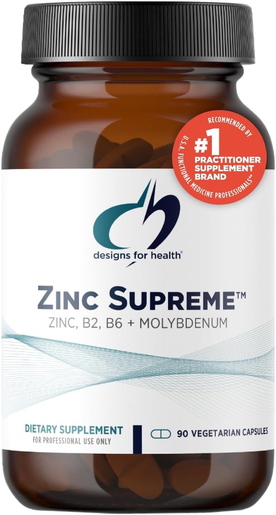 Diseños para la salud Zinc Supreme - 30mg Zinc Bisglycinate Chelate Suplemento con Cofactores Taurina, Vitamina B6, B2 + Molibdeno - Suplemento de Apoyo Inmunitario - Vegan + No GMO (90 cápsulas)