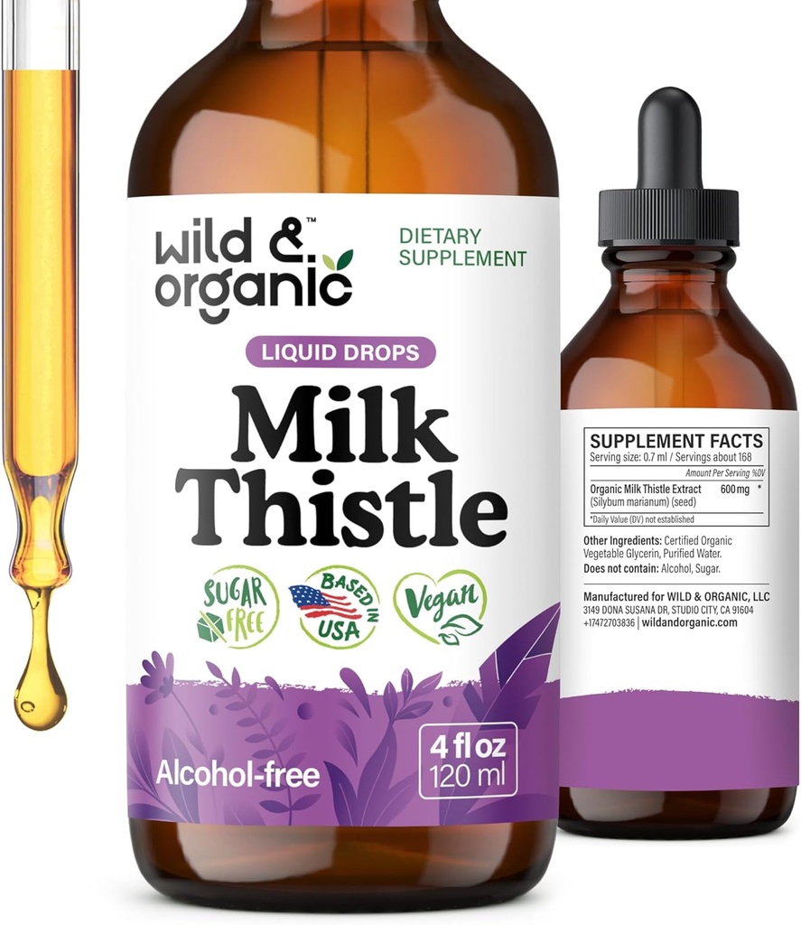 Wild &amp; Organic Milk Thistle Liquid Drops - Liver Cleanse Detox - Silymarin Milk Thistle Supplement for Liver Support - Silybum Marianum Seed Extract Tincture - Vegan, Sugar &amp; Alcohol-Free - 4 fl oz