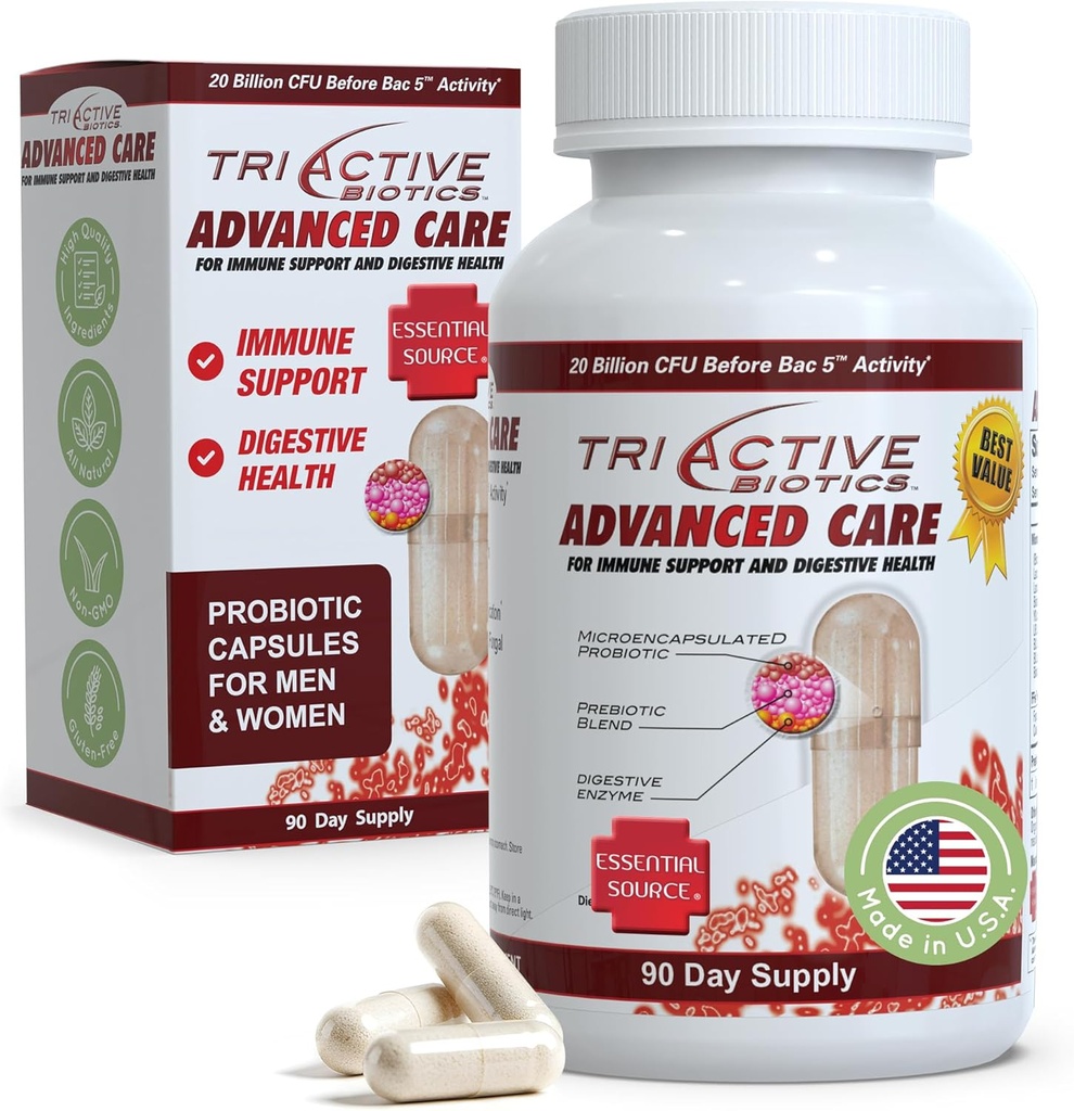 Fuente esencial TriActive Biotics Advanced Care - 20 Billion CFU Probiotics for Digestive Health, Immune Support Supplement, Microencapsulated Probiotics for Women &amp; Men, 90 Ct Capsules