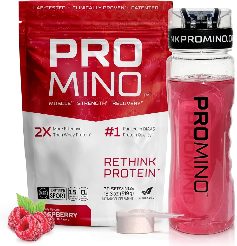 Promino® Essential Amino Amino Acid Muscle Drink – 2X More Effective Than Whey – NSF certificado para el deporte – Sugar-Free Recovery Fuel – Raspberry, 30 Servings