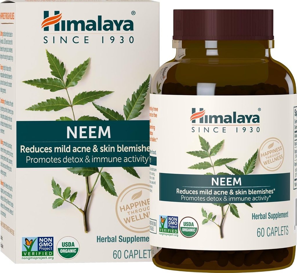 Himalaya Organic Neem, 60 Day Supply - Herbal Acne Supplements Supporting Clear Skin and Detox - USDA Organic, Vegan, Non-GMO, Gluten Free, 600 mg, 60 cápsulas