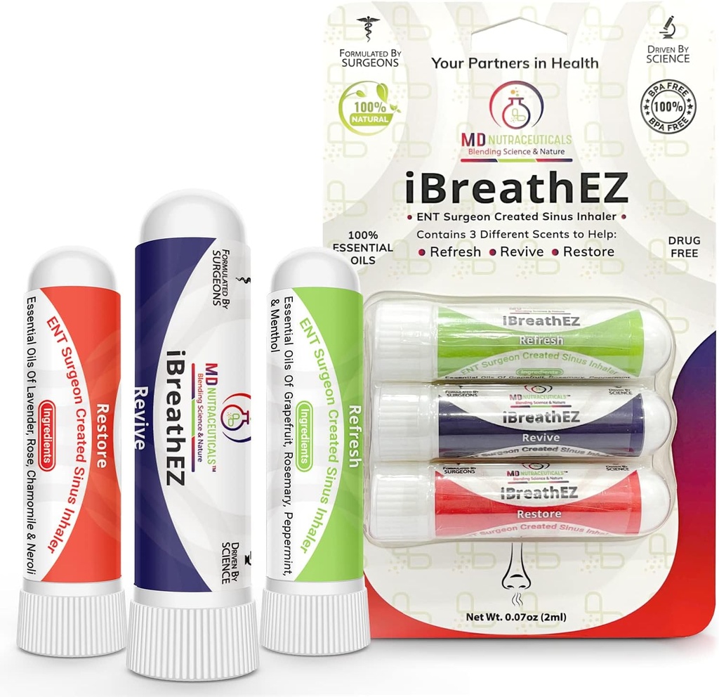iBreathEZ Nasal Sinus Inhaler Kit Formulado por ENT Surgeons with Essential Oils for Energy, Stress, Decongesting " Cold or Allergy Relief (3 Pack)