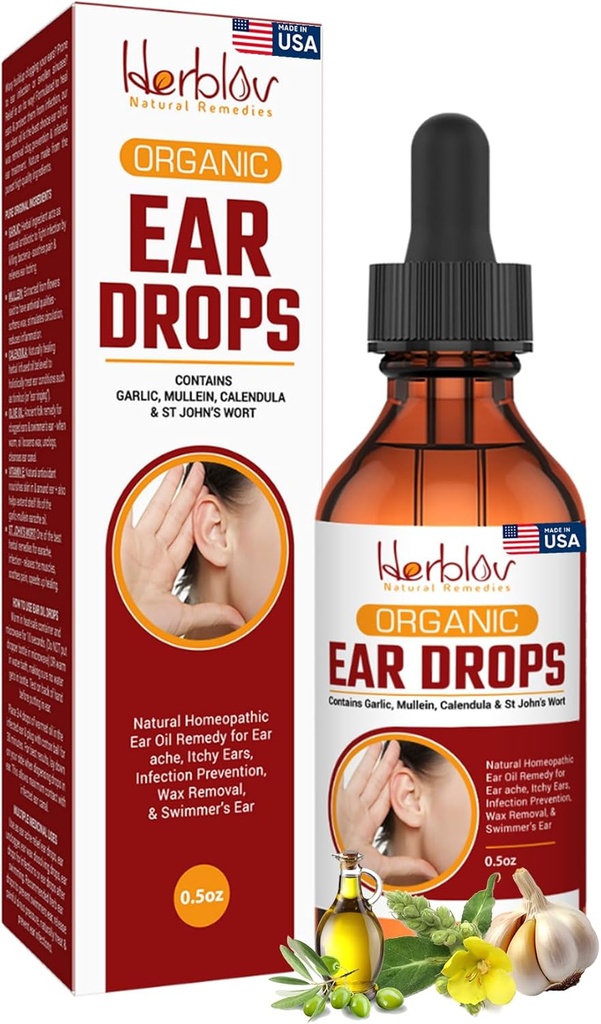 Aceite de oído orgánico para las infecciones del oído - Natural Eardrops for Infection Prevention, Swimmer's Ear &amp; Wax Removal - Niños, Adultos, Baby, Dog Earache Remedy - con Mullein, Ajo, Calendula, Made in USA
