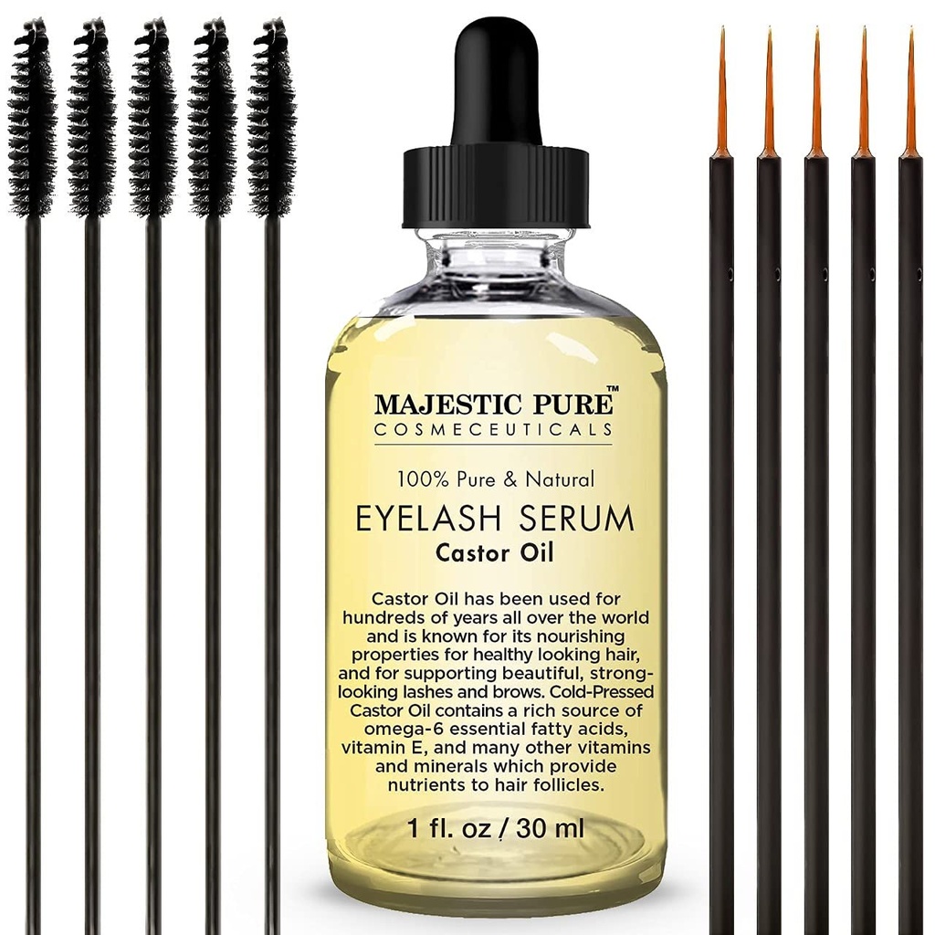Majestic Pure Castor Oil Eyelash Serum - con Apple & Argan Stem Cells - Eyelash Growth Serum para pestañas más gruesas, cejas " Pelo - Free Set of Mascara Brush " Eyeliner Applicator - 1 fl oz