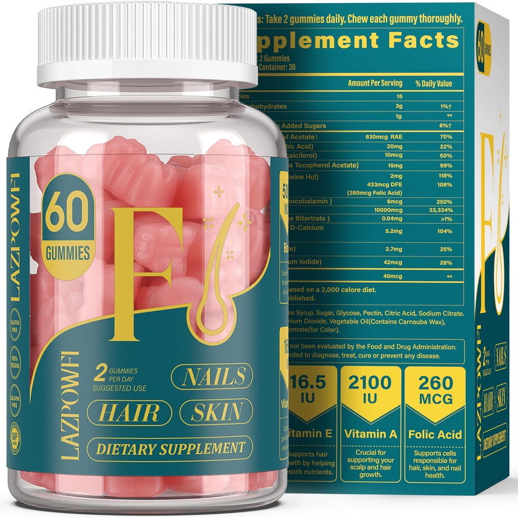 Biotin Gummies -Hair Skin and Nails Vitaminas para Hombres &amp; Mujeres, Vegan Vitamina B7, apoya el crecimiento del cabello y las uñas más fuertes,30 Day Supply - Raspberry-60 Count