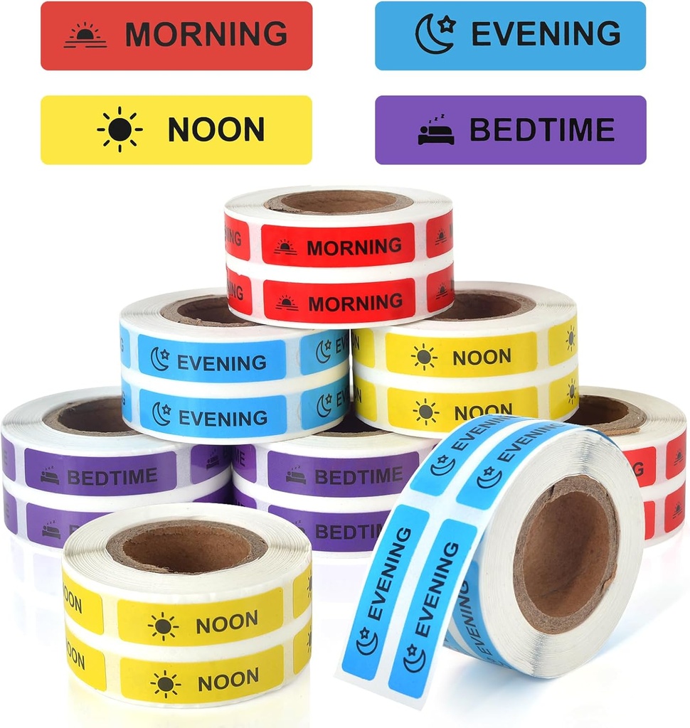 Pegatinas de medicina Instrucción de medicamentos Etiquetas de papel permanente etiqueta de la etiqueta de la mañana Noon Evening Pegatinas de tiempo de cama para el planificador de la caja de la píldora 0.4 * 1.6 pulgadas (Cada diseño de 1000 hojas)