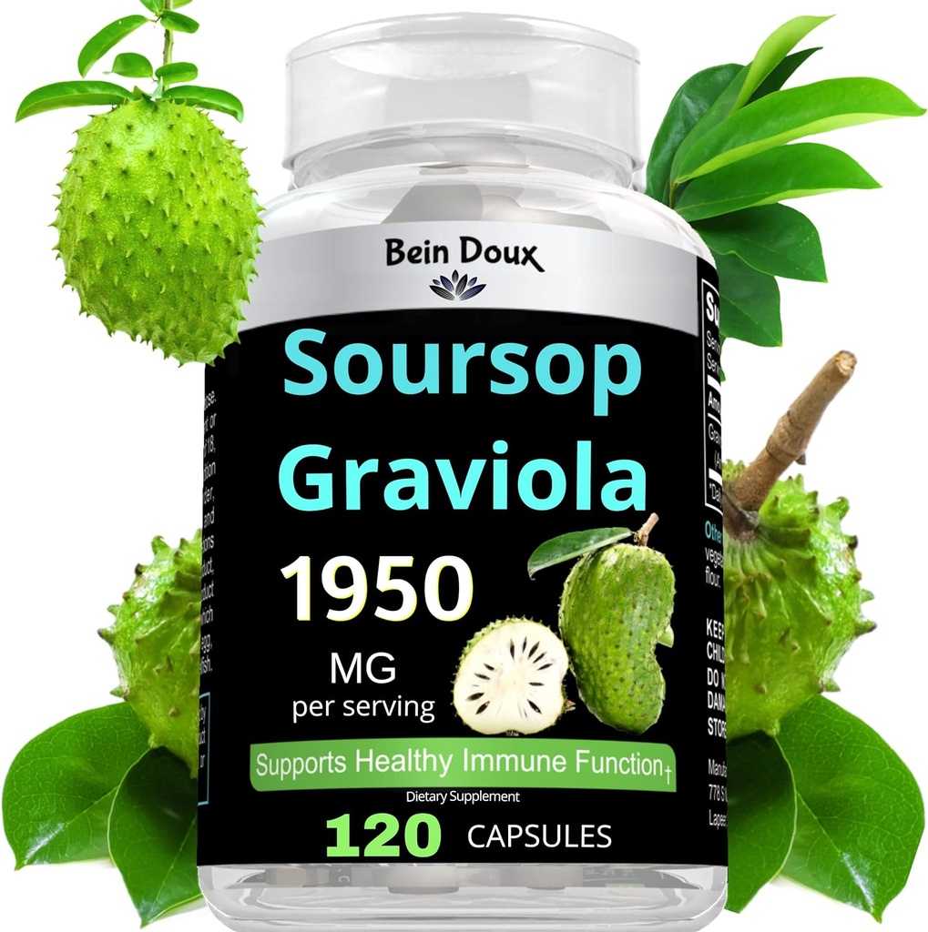 1950mg Soursop Graviola Capsules (Guanábana) Hojas Orgánicas Polvo Rico en Potente Anti-Oxidantes - 120 Capsules 40 Servimientos