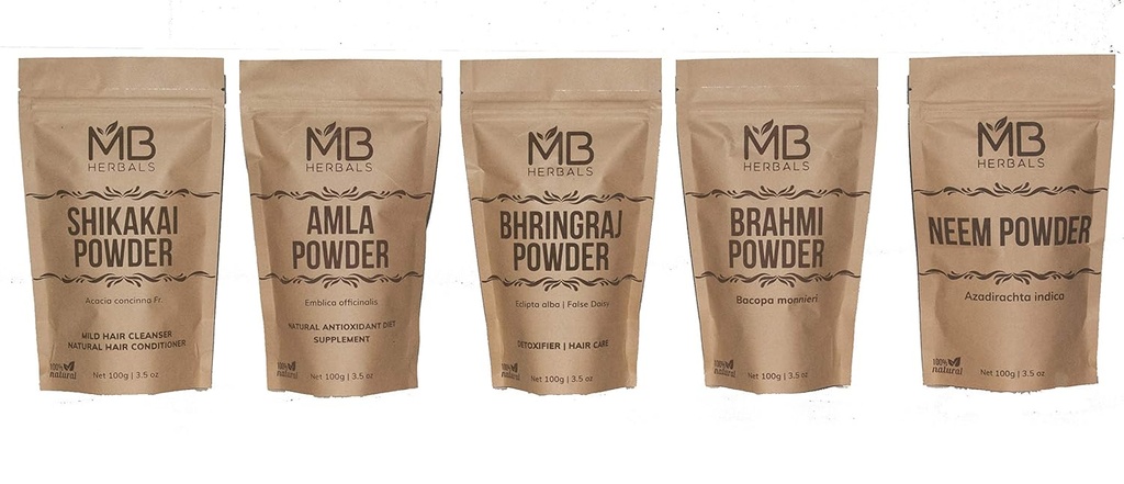 MB Herbals Hair Care Powders COMBO Pack | Shikakai | Neem | Brahmi | Amla | Bhringaraj | Powders | 100 Grams Each | For Hair Pack | External Use Only