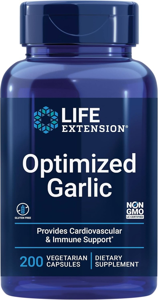 Extensión de la vida Ajo optimizado, cápsulas estandarizadas para la salud del corazón, soporte inmunológico, desintoxicación celular y función plaqueta sana, libre de gluten, no GMO, vegetariano, 200 cápsulas