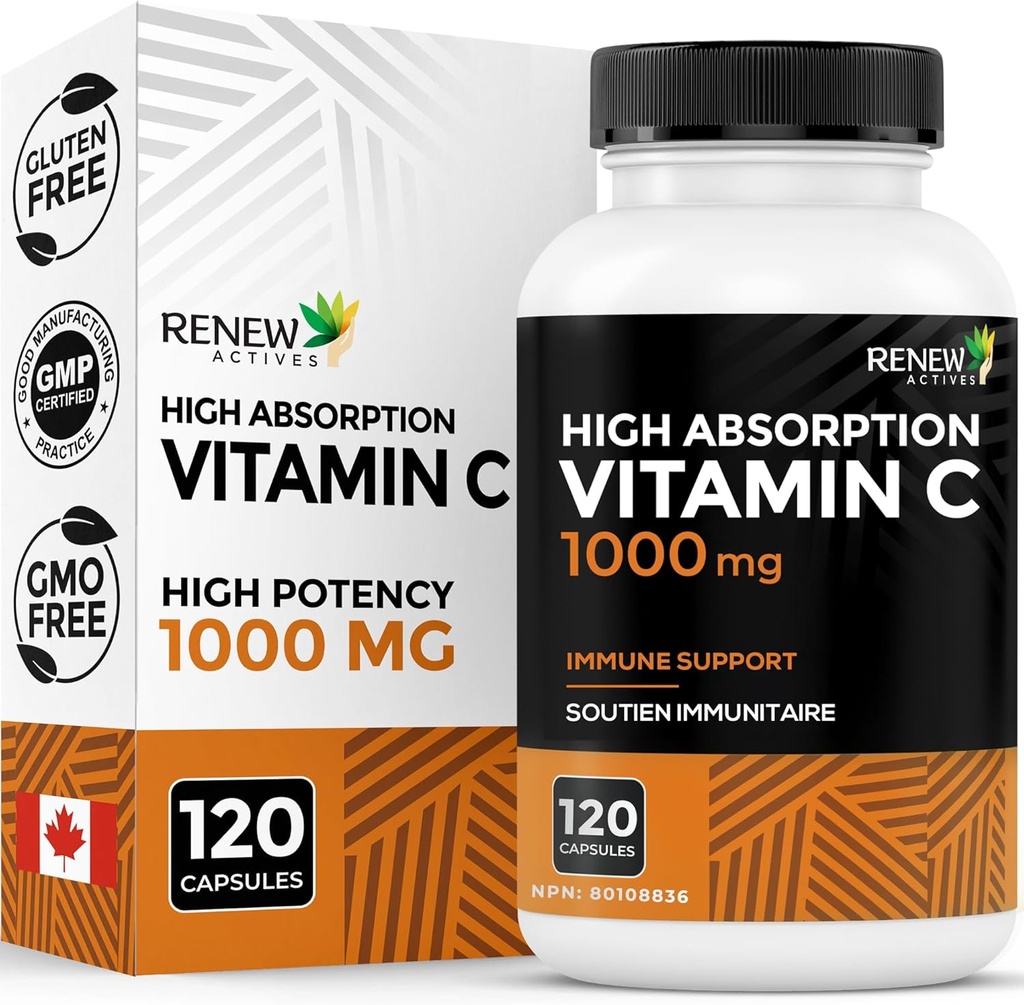 ACTIVES RENEW Maximum Strength Vitamin C 1000MG per Serving – Antioxidant &amp; Immune Booster for General Health, Bones, Teeth & Gums – Non-GMO, Sugar-Free, 4-Month Supply – Made in Canada – 120 Capsules