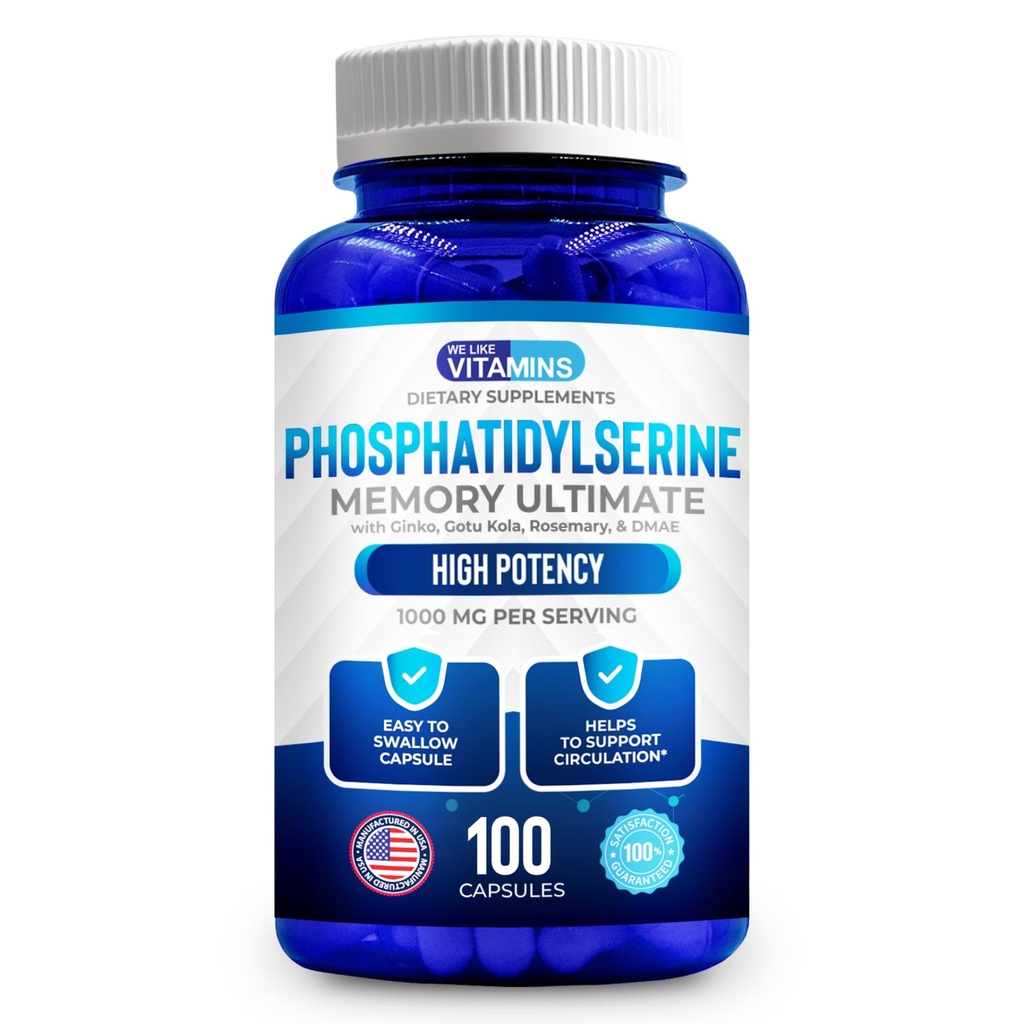 Nos gusta Vitaminas Phosphatidylserine Suplemento con Gingko Biloba, Gotu Kola, DMAE - Mejora el enfoque, la memoria, la función cognitiva - Complejo de memoria de 1000 mg libres de soya - 100 cápsulas fáciles de cambiar