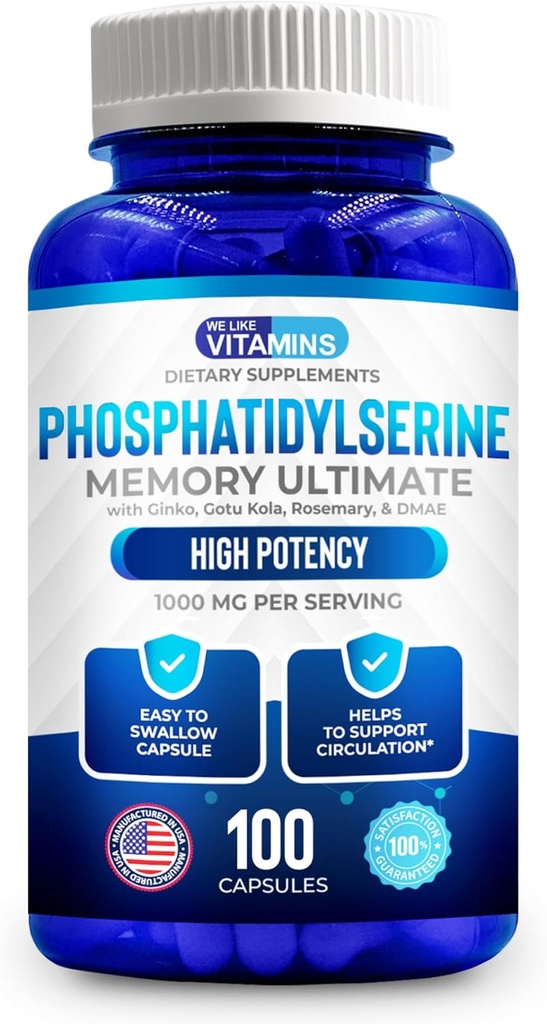 Nos gusta Vitaminas Phosphatidylserine Suplemento con Gingko Biloba, Gotu Kola, DMAE - Mejora el enfoque, la memoria, la función cognitiva - Complejo de memoria de 1000 mg libres de soya - 100 cápsulas fáciles de cambiar