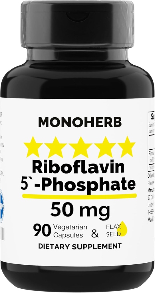 MONOHERB Riboflavin 5'-Phosphate 50 mg - 90 cápsulas vegetarianas - Vitamina Bioactiva B2 - Hecho en Estados Unidos