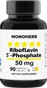 MONOHERB Riboflavin 5'-Phosphate 50 mg - 90 cápsulas vegetarianas - Vitamina Bioactiva B2 - Hecho en Estados Unidos