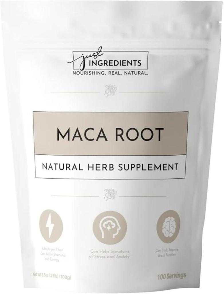 SOLO INGREDIENTES Pólvora orgánica Maca Root TENIDO 100 Servimientos TENIDO 100% Orgánica &amp; Vegan Superfood TENIDO Apoyo Natural Wellness y Equilibrio Hormonal No hay Aditivos Artificiales