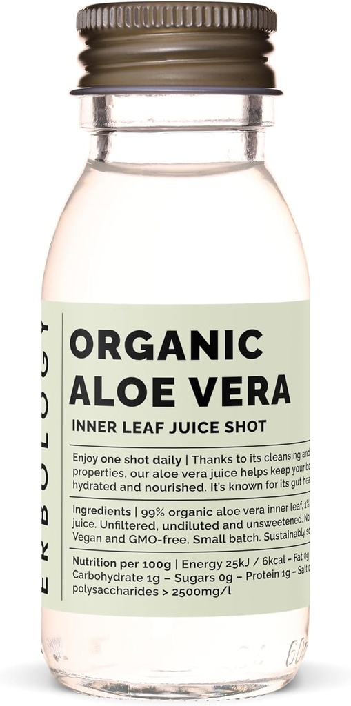 Erbology Organic Aloe Vera Juice 12 Daily Shots (2 fl oz) - Immunity Support and Detox - from Inner Leaf - Straight from Farm in Spain - Undiluted - No Added Sugar - Non-GMO - Recyclable Glass Bottle