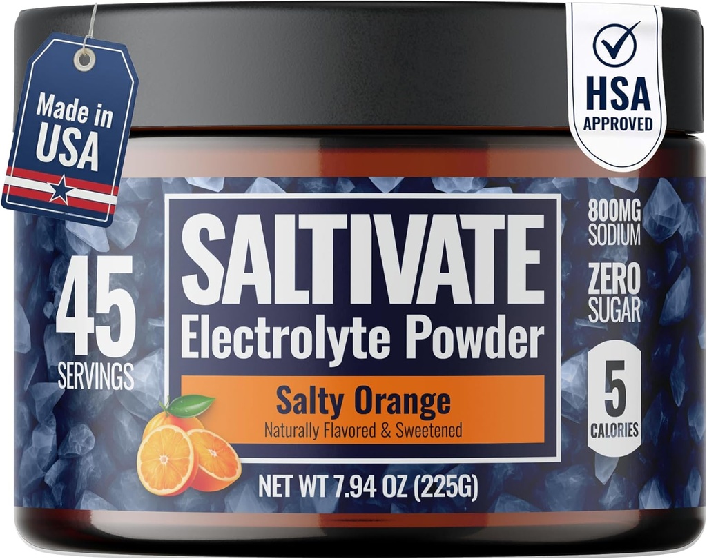 Zero Sugar Electrolyte Powder ← Salty Orange Hydration (con Stevia) ← High Sodium Potassium Magnesium Electrolytes for Fasting, POTS, Sweat Recovery ← Hace 45 Servings of 32 Fl Oz tención Made in USA