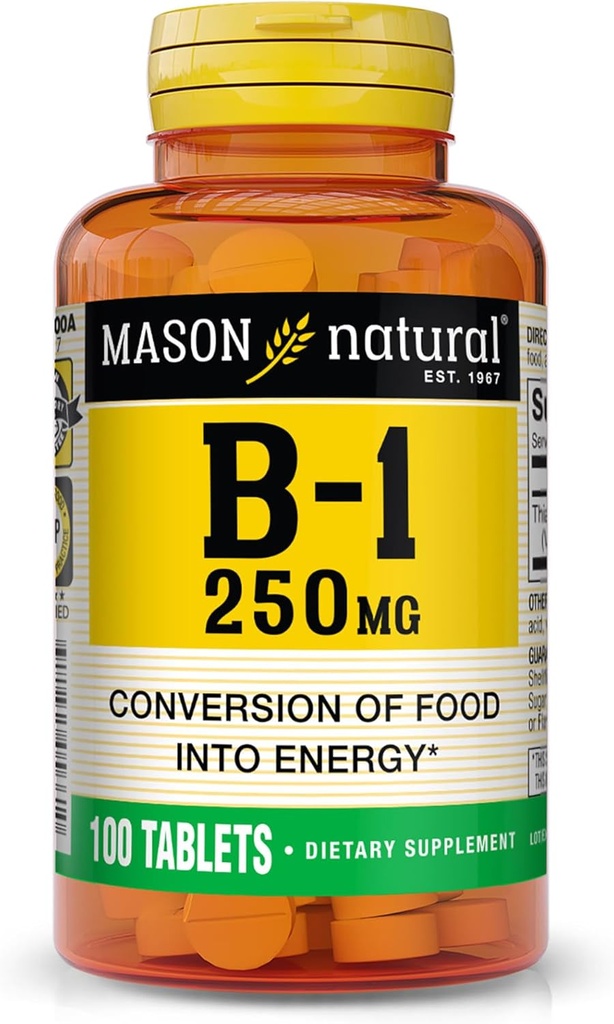 MASON NATURAL Vitamina B,1 Thiamine 250 mg, 100 Day Supply Dietary Supplement, Easy,to,Swallow Tablets, Support Energy Production &amp; Healthy Metabolism